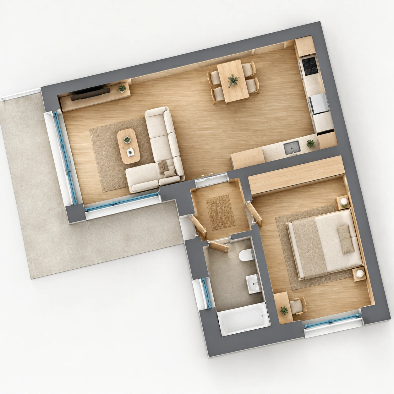 Zařízený pohled shora na byt 102 — Rezidence Červený dvůr