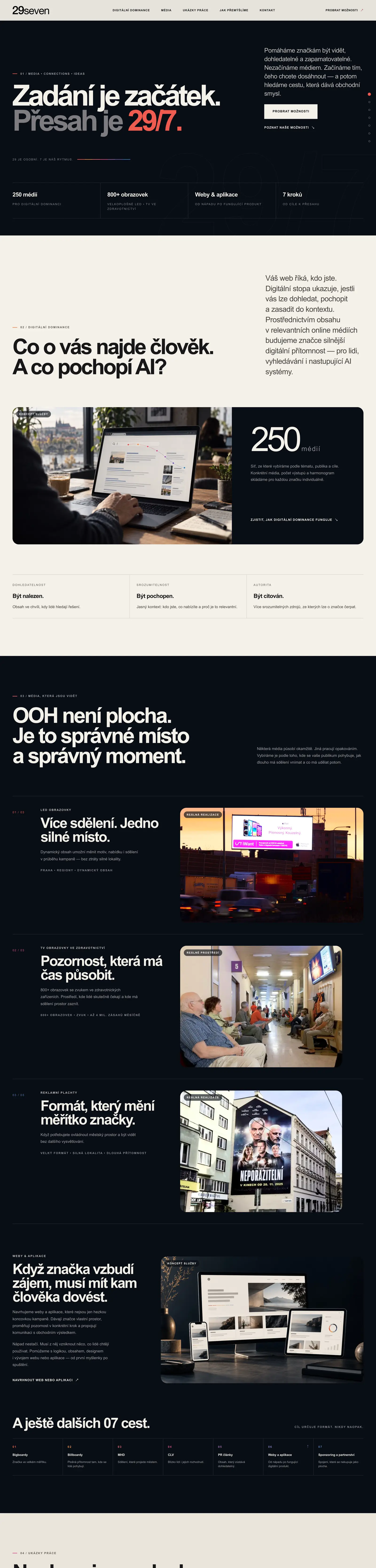 Celá úvodní stránka 29seven: digitální dominance, média a ukázky práce