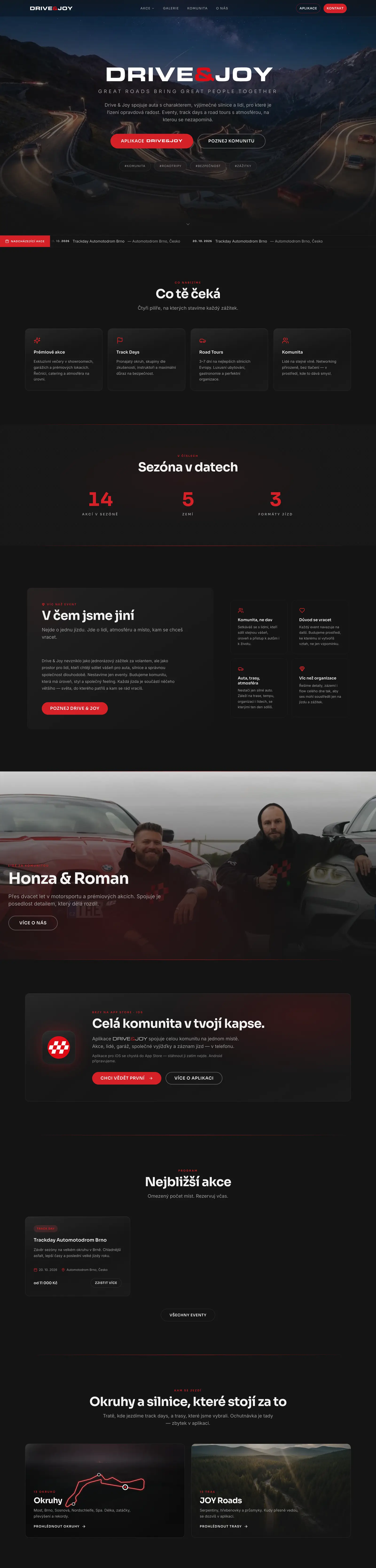 Celá úvodní stránka DRIVE&JOY: akce, komunita a aplikace