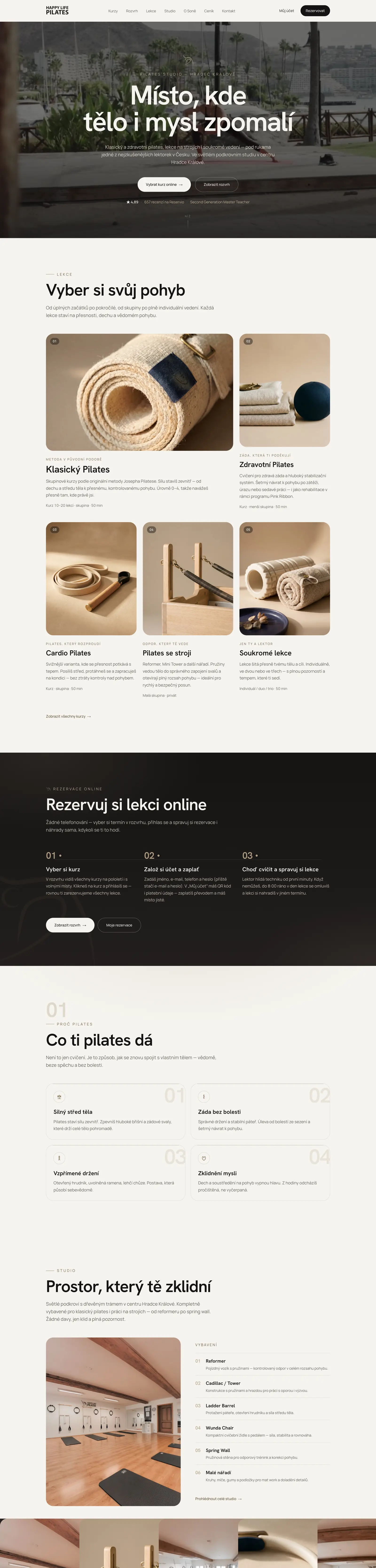 Celá úvodní stránka Happy Life Pilates: lekce, rezervace online, přínosy pilates a studio