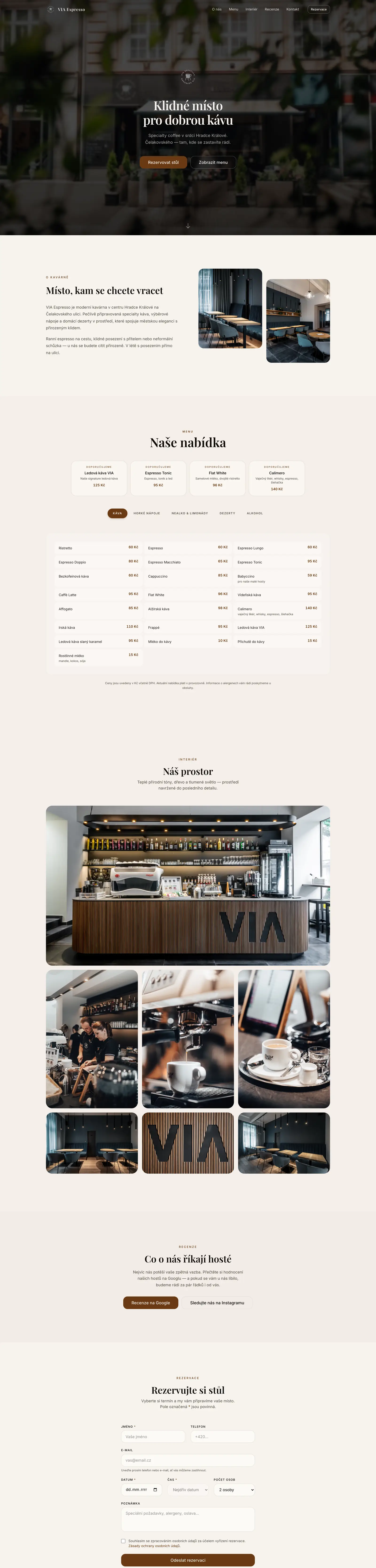 Celá úvodní stránka VIA Espresso: o kavárně, menu, interiér, recenze a rezervace